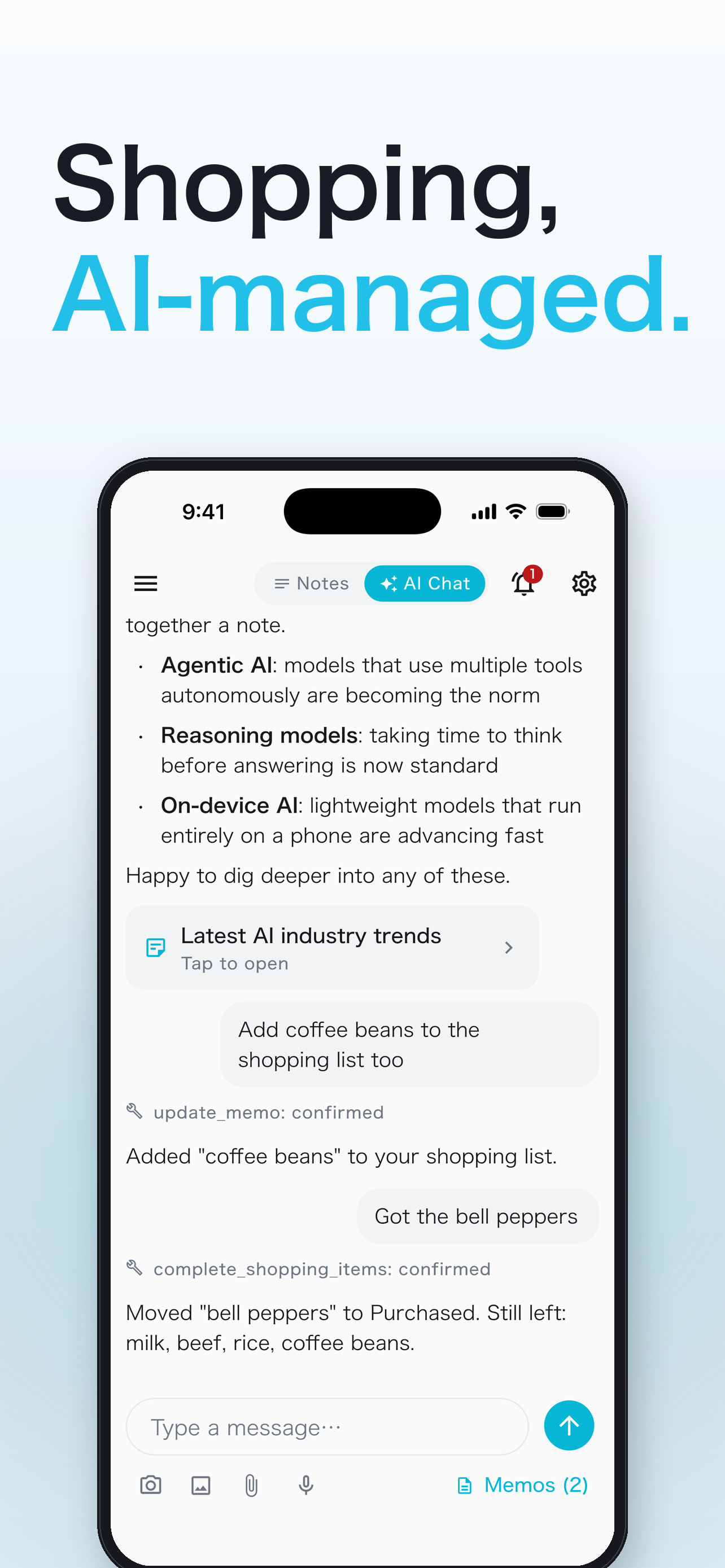 Adding to a shopping list and checking an item off in AI chat