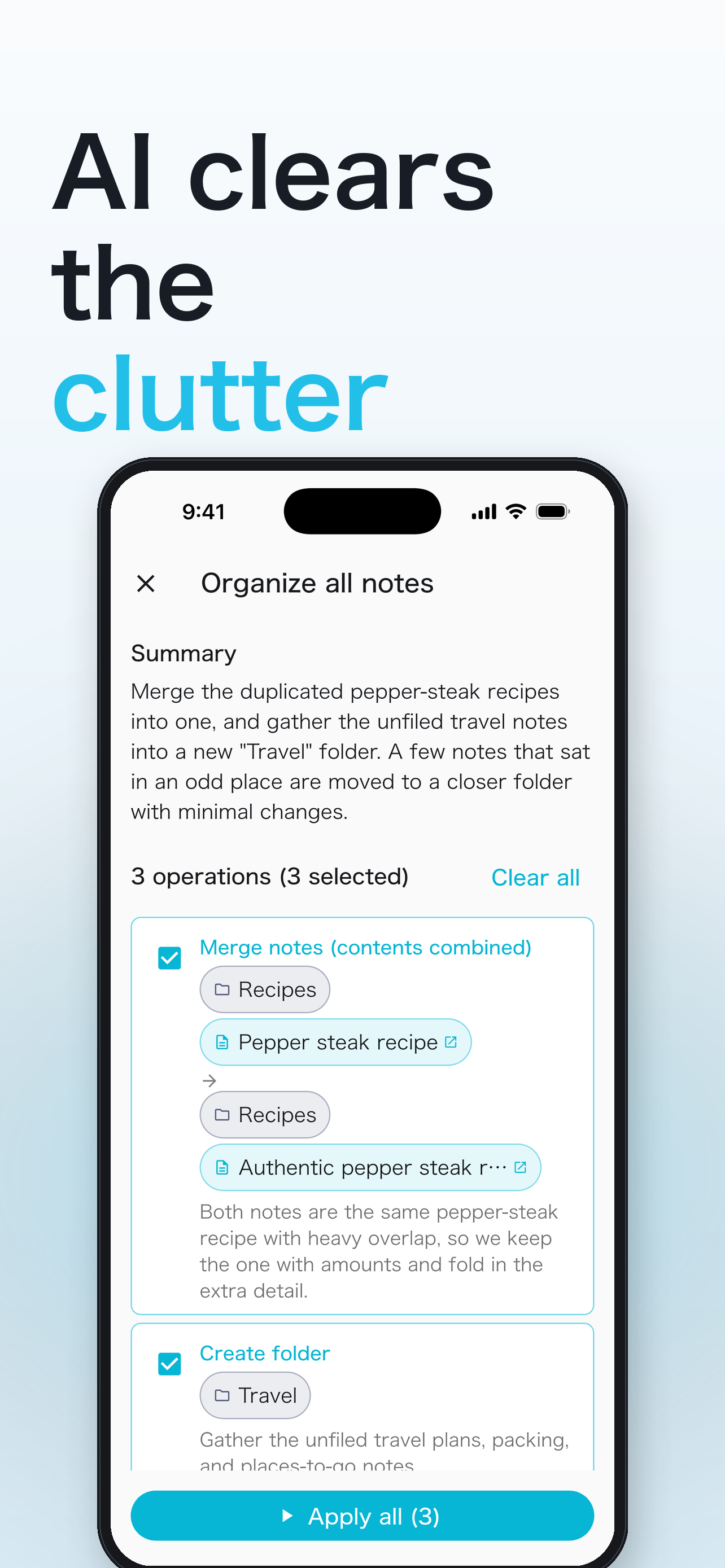 AI bulk organize proposal screen