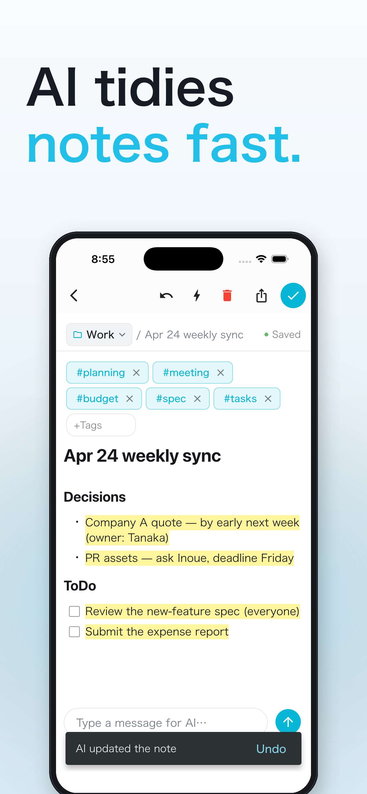 Preview of an AI tidy-up result with a toast notification