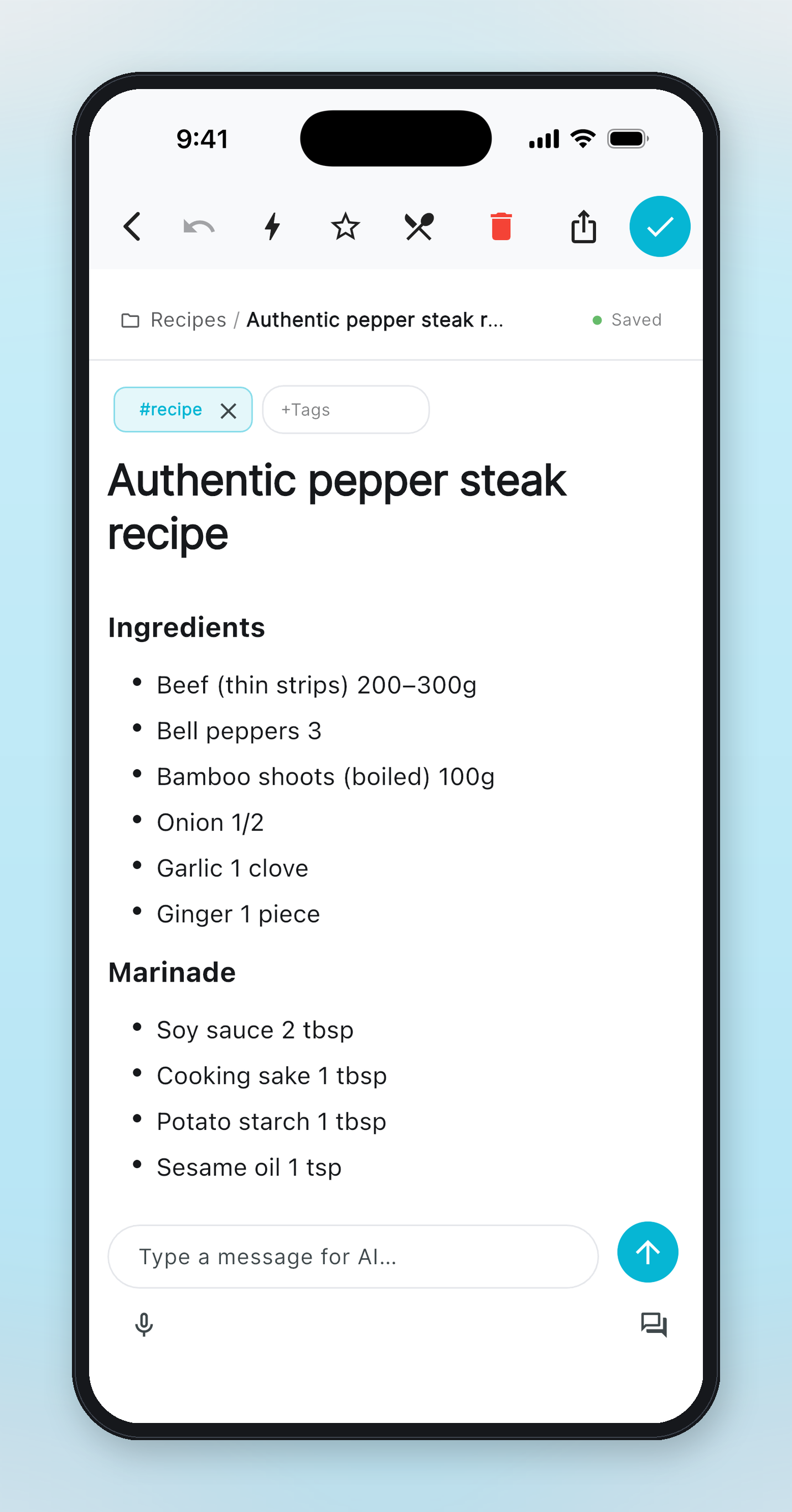 A recipe note with ingredients and steps